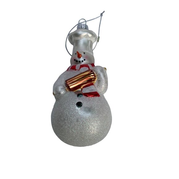 William Sonoma Frosted Glass Snowman Ornament with Scarf & Present 6" - Picture 1 of 7